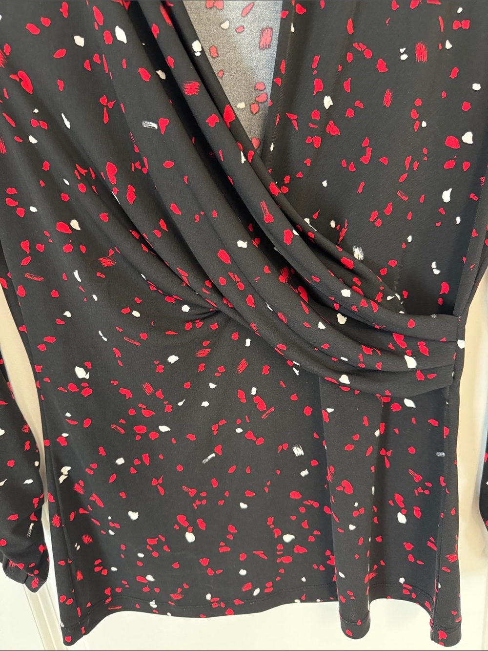 DKNY Black Wrap-Style Top with Red & White Petal Print - Picture 3 of 5